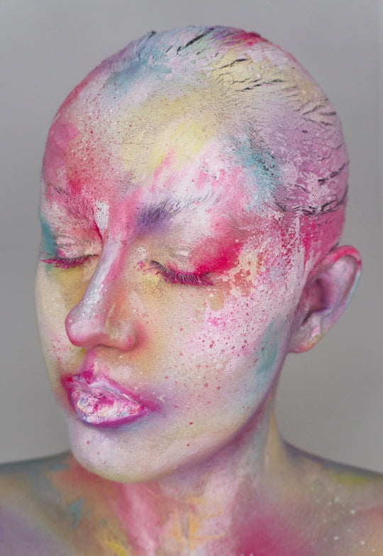 Ascendance fine art print by Lowri Francesca showing a colourful abstract expressionist portrait with textured makeup and pastel tones