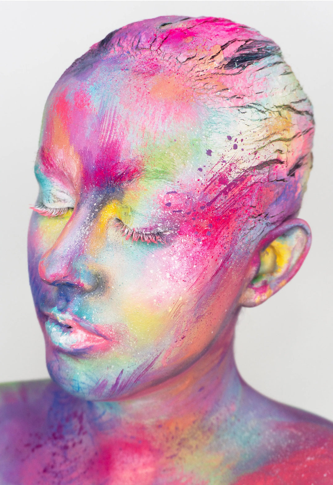 Close-up of Emergence fine art print by Lowri Francesca - colourful abstract expressionist face artwork