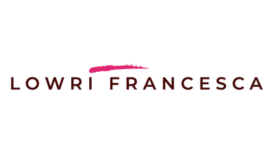 Logo of LOWRI FRANCESCA with a pink brushstroke on a white background