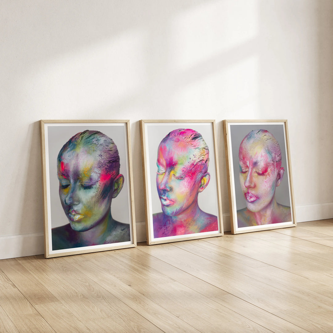 The Art of Becoming collection by Lowri Francesca displayed as three framed abstract expressionist portrait fine art prints - Ascendance, Emergence, and Suppression - shown together in a bright modern room